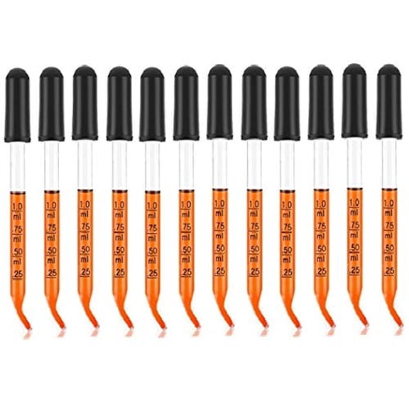 12Pcs Graduated 1ml, Glass Dropper 4" with Angled Tips and Black Suction Bulb, Straight Tip Calibrated for Essential Oils