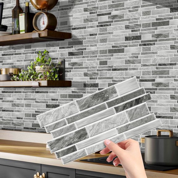 12Pcs Gray Marbling Tiles Stickers Wall Decals 4.72 x 9.68inch DIY Decor Waterproof Peel and Stick Kitchen Backsplash Tile