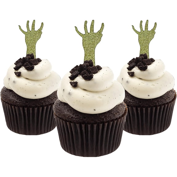 12Pcs Green Glitter Zombie Hand Cupcake Toppers, Spooky Monster Hand Cupcake Picks for Halloween Horror Birthday Party Dessert Decorations
