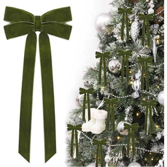 12Pcs Green Velvet Ribbon Bows Christmas Tree Decorations,5in x 10in St Patricks Day Ornaments for Tree Home Party Front Door Wreath Garland Holiday Decor