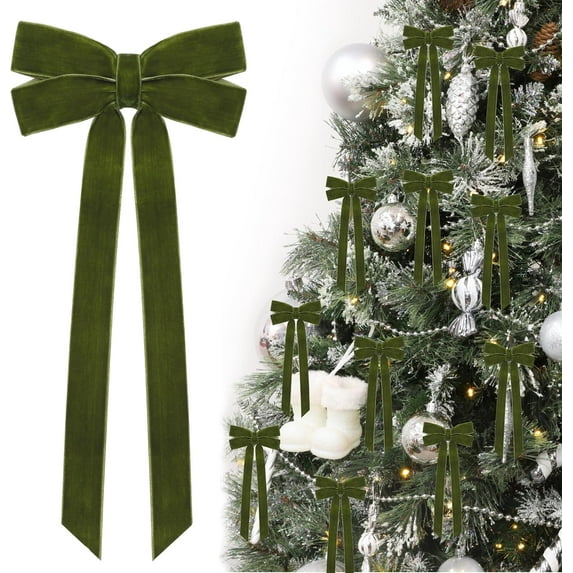 12Pcs Green Velvet Ribbon Bows Christmas Tree Decorations,5in x 10in Xmas Ornaments for Tree Home Party Front Door Wreath Garland Holiday Decor
