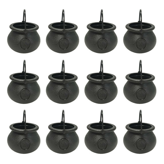 12Pcs Halloween Candy Buckets Black Plastic Witch Cauldron Kettle Halloween Pot Goody Holder for Party Favors Home Festival Decoration