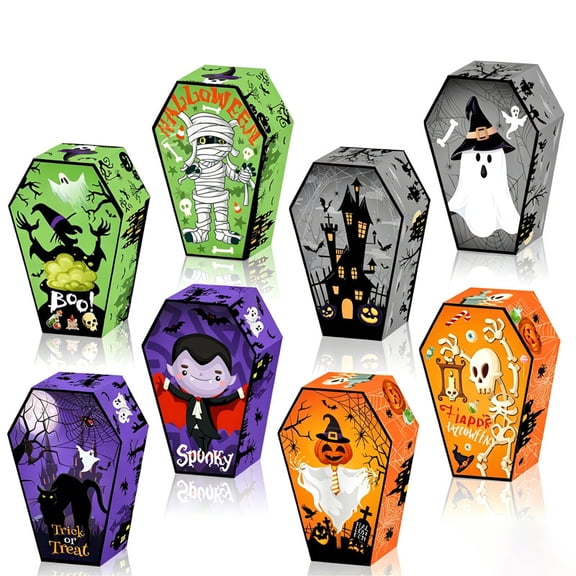 12 Pcs Halloween Foldable Coffin Paper Boxes - 8 Fun Cartoon Candy Favor Boxes, Haunted House Table Decor Props for Kids' Parties, Classroom Activities & Holiday Gift Packaging
