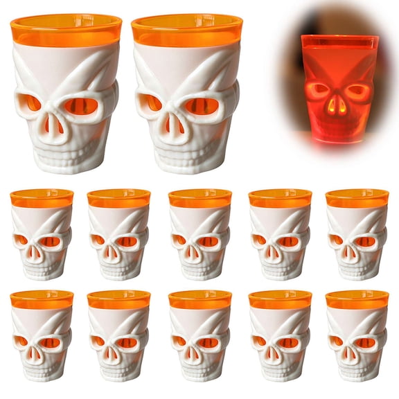 12Pcs Halloween Glow Skull Plastic Cups, Light-Up Drinking Glasses for Cocktail Party Decor, Spooky Themed Tableware for Summer Events & Fall Celebrations