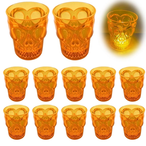 12Pcs Halloween Glow Skull Plastic Cups, Light-Up Drinking Glasses for Cocktail Party Decor, Spooky Themed Tableware for Summer Events & Fall Celebrations