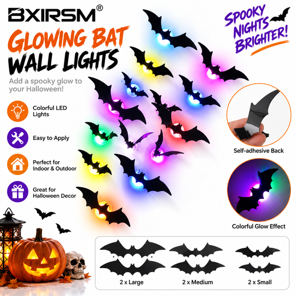 12Pcs Halloween LED Bat Wall Decor,Light Up Bats with 3D Foldable Wings,Self-Adhesive Glowing Bat Stickers for Indoor Party