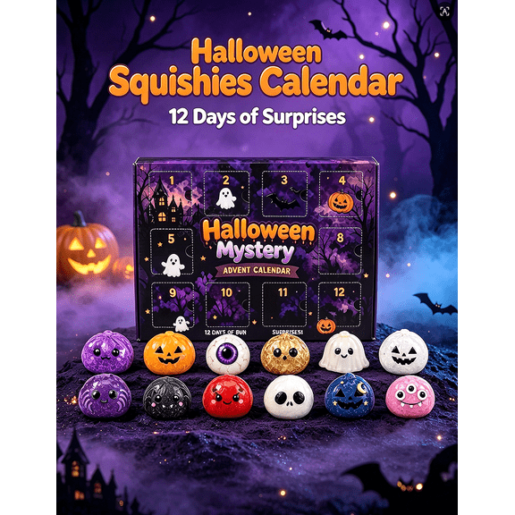 12Pcs Halloween Themed Squishies Bun Squeeze Toy Blind Box Advent Calendar, Stretchable Soft Stress Relief Fidget Set, Fall Harvest Halloween Countdown Gift Box