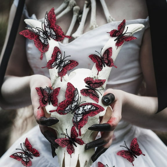 12Pcs Halloween Wall Decor 3D Butterfly Skull Wall Stickers Halloween Decorations Black Butterfly Wall Decals Designs Halloween Party Supplies for Gothic Home Window Door Wall Room Decor