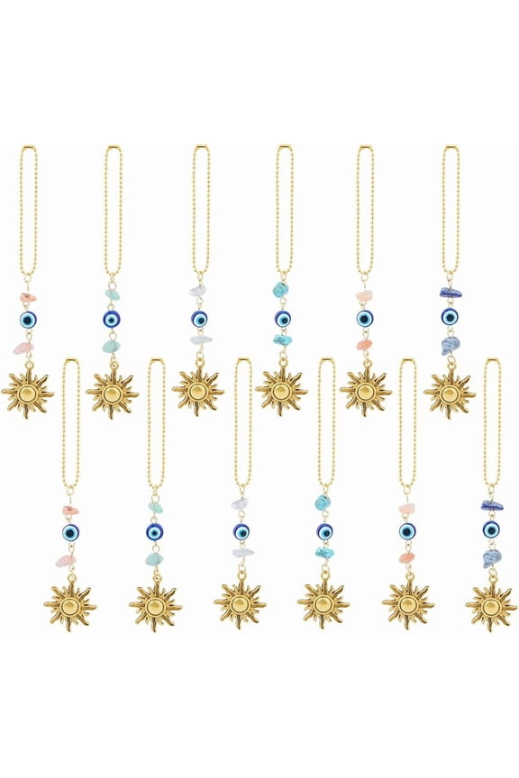 12Pcs Hanging Ornament 4.84inch Long Golden Sun Blue Eye Charms Natural Gemstone Alloy Pendants Decoration with Bead Chains for Window Car Door Frame Balcony