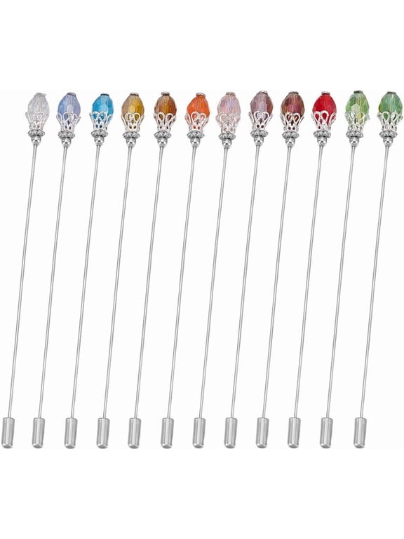 12Pcs Hat Pins Glass Beads Lapel Pin 12 Colors Handle Stick with Beads Classic Hair Suit Pins for Women Brooches Tie Hats Scarf