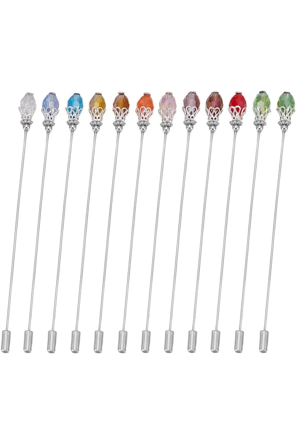 12Pcs Hat Pins Glass Beads Lapel Pin 12 Colors Handle Stick with Beads Classic Hair Suit Pins for Women Brooches Tie Hats Scarf