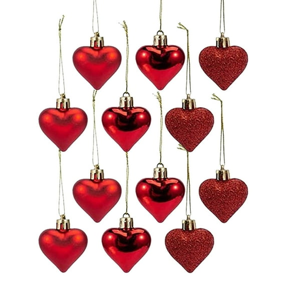 12Pcs Heart Ornaments, Heart Shaped Ornament for Christmas Tree, Red/Pink Heart Hanging Ornament, Multi Finish Hearts Plastic Baubles Decor for Xmas Tree Valentines Anniversary Party Decor