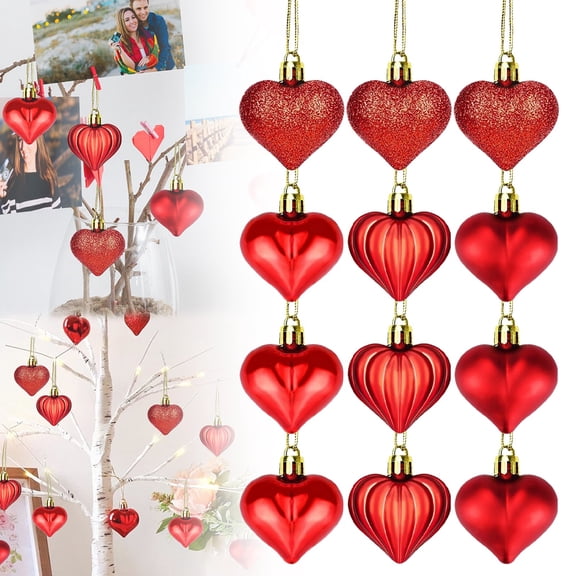 12Pcs Heart Ornaments Multi Finish Heart Baubles Hanging Ornaments for Valentine’s Day Decor Mother's Day Christmas Tree Wedding Anniversary Party Decoration(Red)