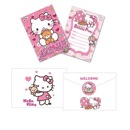 12Pcs Kitty White Cartoon Theme Birthday Party Invitation Cards for Kids,12 Stickers & 12 Envelopes.