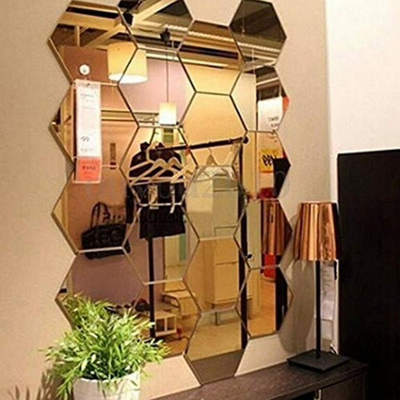 12Pcs Hexagon Mirror Wall Stickers, Acrylic DIY Art Decal, Plastic Tiles For Living Room Bedroom Sofa TV Background Home Decoration