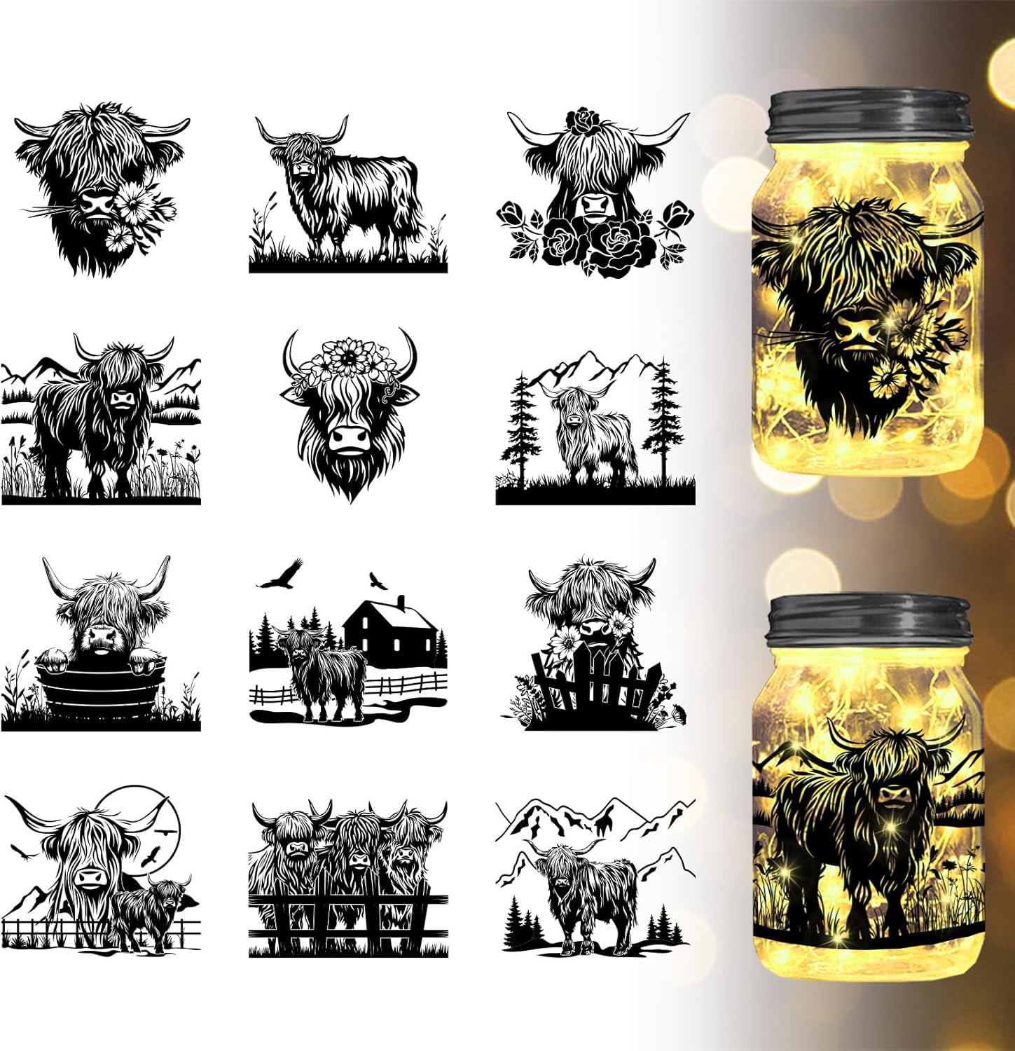 12Pcs Highland Cows Silhouette Jar Cutouts Flowers Mountains Plastic ...