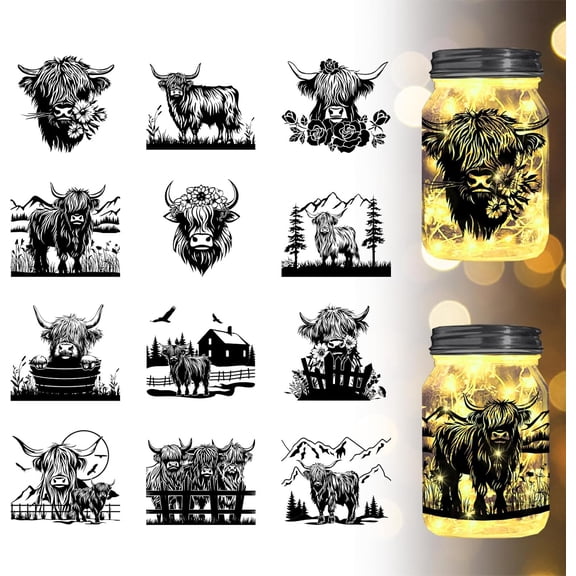 12Pcs Highland Cows Silhouette Jar Cutouts Flowers Mountains Plastic Silhouette Wall Decals (Not Stickers) Lantern Jar Cutouts Window Lamp Decals Glass Decorations Art Mural Home Decor