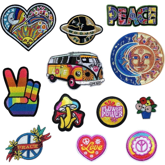 12Pcs Hippie Patches Iron on Patches Colorful Vintage Sew on Appliques Embroidery Badge Peace Sign Repair Decorative Patch DIY Crafts