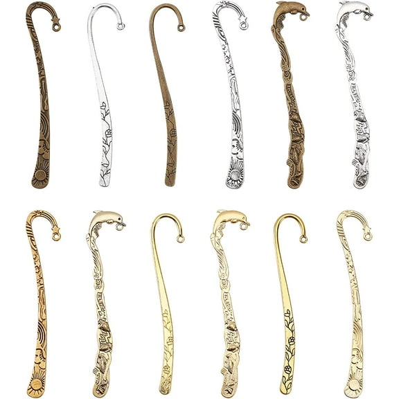 12Pcs Hook Bookmarks Findings Metal Bookmark Hairpin Stripe Hook Vintage Bookmark Clip for Crafting Jewelry Making Charms Findings Accessories Mixed Color for DIY Mixed Color