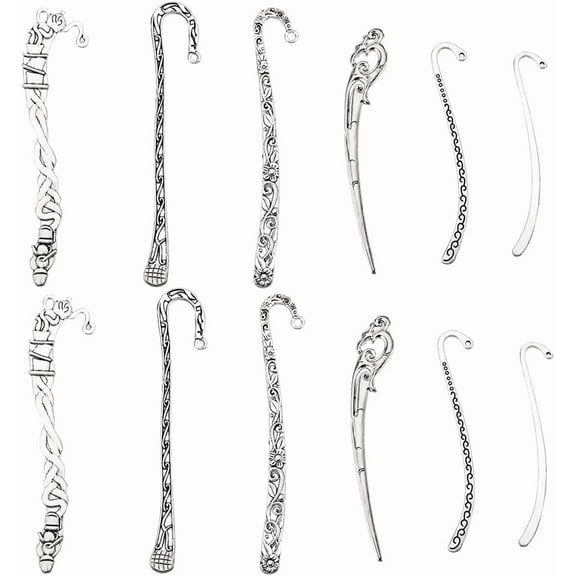 12Pcs Hook Bookmarks Metal Bookmark Blanks Vintage Style Silver Book Mark Flower Carved Hairpin Stripe Hook Bookmark with Loops for DIY