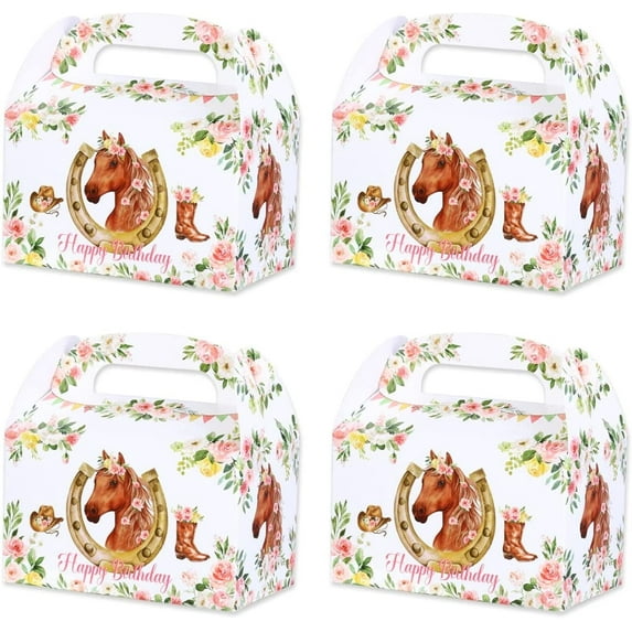 12Pcs Horse Party Favor Boxes, Western Girl Theme Birthday Party Decorations, Pink Horse Party Candy Gift Treat Boxes for Cowgirl Birthday Party Supplies