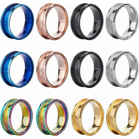 12Pcs Inlay Ring Blanks Stainless Steel Ring Blanks Size 8 Grooved Ring Core Black Blue Rose Gold Round Empty Rings Inlay Ring Base Blanks Mixed Color