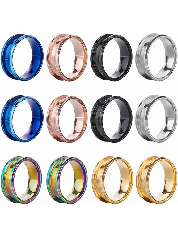 12Pcs Inlay Ring Blanks Stainless Steel Ring Blanks Size 8 Grooved Ring Core Black Blue Rose Gold Round Empty Rings Inlay Ring Base Blanks Mixed Color