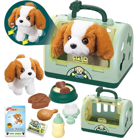 12Pcs Interactive Puppy Pet Care Play Set, Electronic Walking Barking Plush Dog with Cage & Accessories, Pretend Play Toy for Kids, Christmas Birthday Gift for Toddlers Ages 3-7