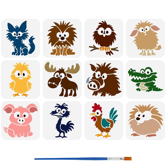 12Pcs Interesting Cartoon Animal Patterns Painting Stencil with Brush 15x15cm/5.9x5.9inch Reusable Reindeer/Cats/Lions/Crocodiles/Birds Stencils