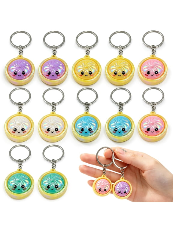 12Pcs Iridescent Keychain Set Mini Glitter Cute Bun Keychains Bulk with Steamer, Backpack Pendant Charms, Random Color Party Favor Decorations
