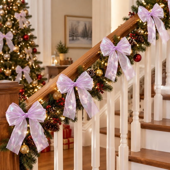 12Pcs Iridescent Purple Christmas Bow Ornaments, Large Sheer Fabric Bows for Christmas Tree Wreath Garland Gift Wrap Holiday Decor