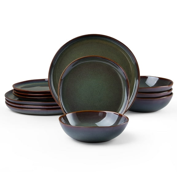 Onader 12 Piece Dinnerware Sets, Plates and Bowls Dish Set for 4, Irregular Handmade Dinner Ware Dishware for Kitchen Dinning, Microwave & Dishwasher Safe - Lichen Green