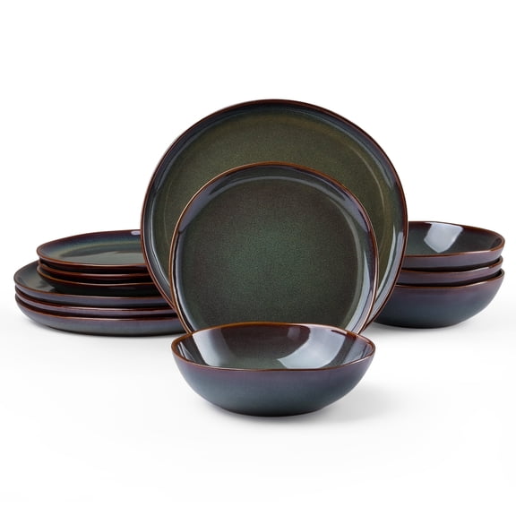 Onader 12 Piece Dinnerware Sets, Plates and Bowls Dish Set for 4, Irregular Handmade Dinner Ware Dishware for Kitchen Dinning, Microwave & Dishwasher Safe - Lichen Green