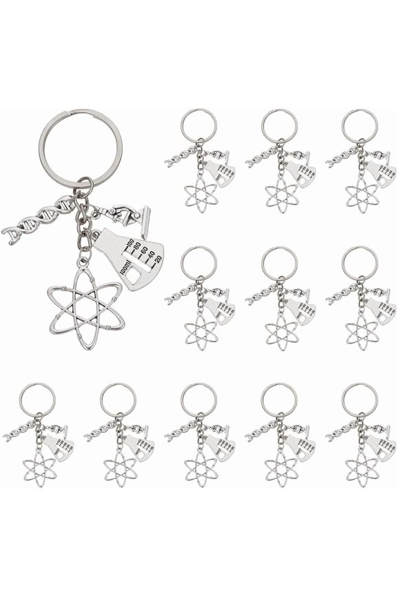 12Pcs Keychains with Iron Rings Mixed Shapes Platinum 90mm DIY