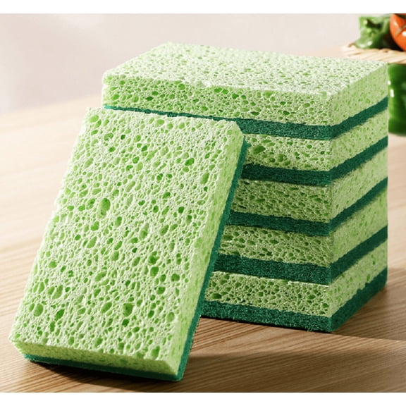 12Pcs Kitchen Grease Cleaning Wood Pulp Sponge Wipe, Multi-Functional Double-Sided Brush , Household Vegetable Fiber Dishwashing Cloth, Green