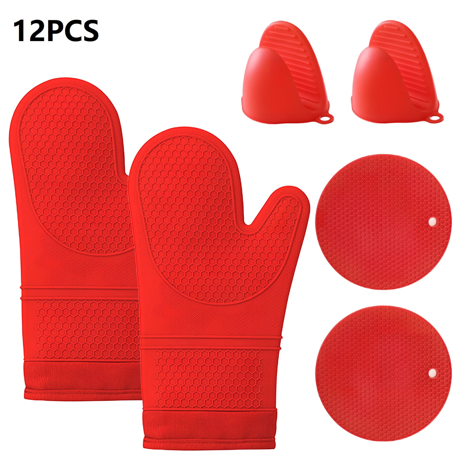 12Pcs Kitchen Oven Mitts and Pot Holders Sets , Extra Long Silicone Oven Gloves Heat Resistant 500 Degrees Non-Slip Potholders Hot Pads for Baking Cooking, Red