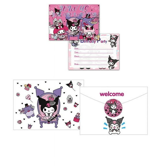 12Pcs Kuromi Cartoon Theme Birthday Party Invitation Cards for Kids,12 Stickers & 12 Envelopes.