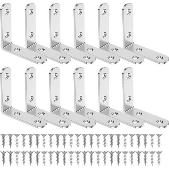 12Pcs L Bracket Heavy Duty Stainless Steel Corner Brace, 2.5 Inch 90 Degree Right Angle Brackets for Wood Shelves, Cabinets, Furniture, Anti-Tipping Wall Mount Shelf Support with Screws