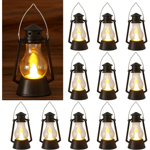 12Pcs LED Mini Vintage Lanterns Decor Indoor Decorative Outdoor Hanging Lantern Decorative Small Candle Lanterns Farmhouse Decor for Wedding Centerpiece,Halloween,Christmas,Farmhouse Decorative