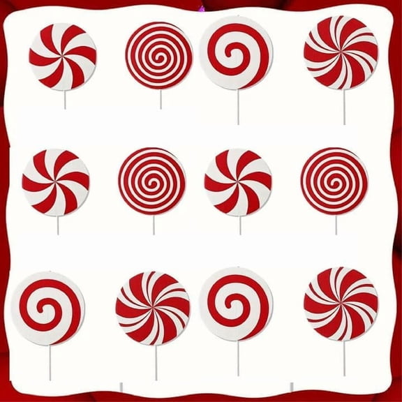 12Pcs Large Candy Christmas Decorations for Christmas Tree, Red White Peppermint Lollipop Christmas Picks, Funny Cute Candy Merry Xmas Tree Ornaments, for Indoor Home Office Vase Xmas Party Supplies