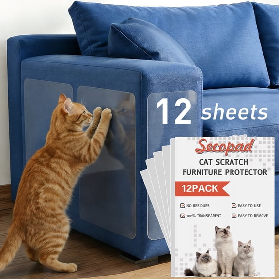 12Pcs Large Cat Scratch Furniture Protector, Transparent Couch Protector from Cat Claws, Self Adhesive Anti Pet Deterrent Sofa Cover, with 48 Pins