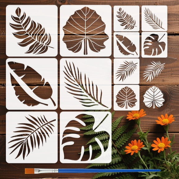12Pcs Large Tropical Leaf Painting Stencil with a Brush 5.9x5.9inch/11.8x11.8inch Reusable Palm Fern Leaf Stencils Plant Theme Art Drawing Templates