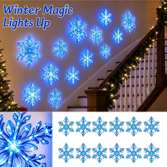 12Pcs Led Christmas Wall Decor Light Up Snow Flake,Glow Festive Christmas Decor,Lighted Wall Ornament For Living Room Fireplace Mantel Display