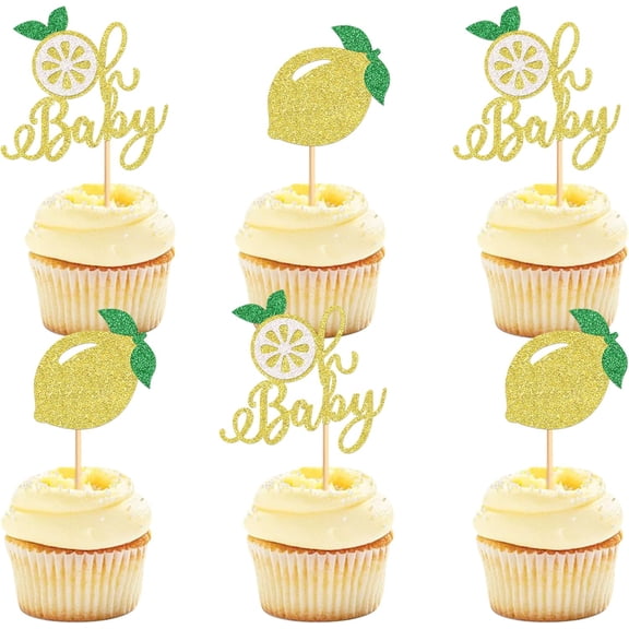 12Pcs Lemon Cupcake Toppers, Gold Glitter Lemon & Oh Baby Picks for Lemon Themed Baby Shower, Summer Birthday, Citrus Party Cake Decor