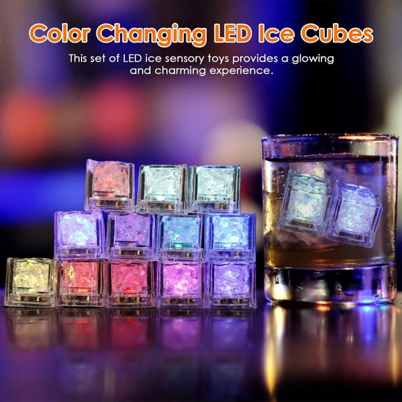 12Pcs Light Up Ice Cube IP67 Waterproof Water Activated LED Glowing Ice Cube,Reusable Glowing Flashing Ice Cube with Color Changing for for Cocktails Party Bar Wedding,Summer Party
