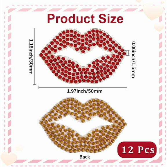 12Pcs Lips Rhinestone Iron on Applique Kiss Lip Hotfix Transfer Stickers Red Bling Patch Decals for T-Shirt Clothing Jacket Hat Bag Valentines DIY Decoration Embroidered Art Craft