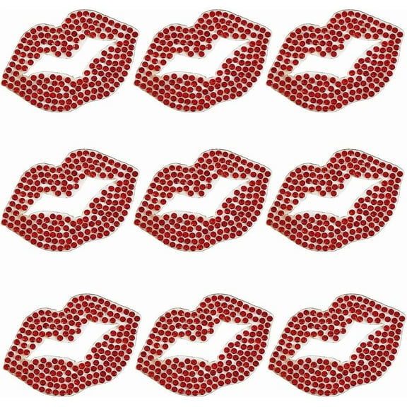 12Pcs Lips Rhinestone Iron on Applique Kiss Lip Hotfix Transfer Stickers Red Bling Patch Decals for T-Shirt Clothing Jacket Hat Bag Valentines DIY Decoration Embroidered Art Craft