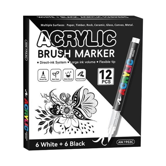 12Pcs Liquid Acrylic Paint Marker White/Black Acrylic Paint Pen with Soft Brush Tip for Drawing Card Making Journaling