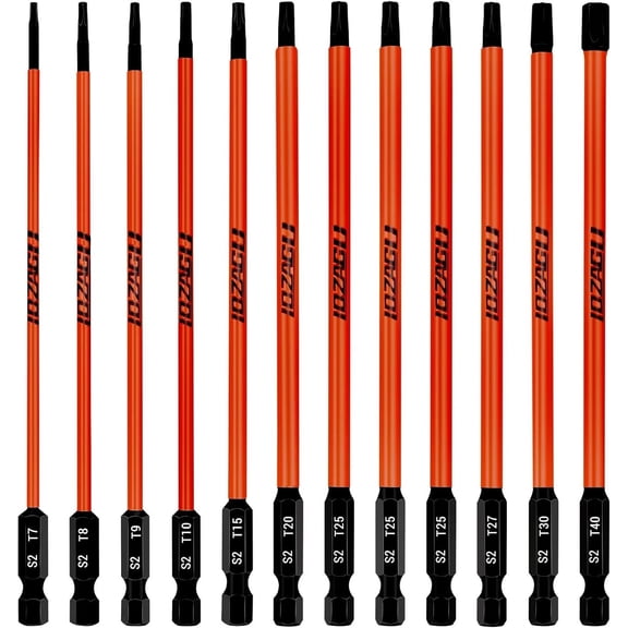 12Pcs Long Torx Bit Set 6-Inch (152mm), T7 to T40, Magnetic Security Tamper Proof Star Bit Set,1/4 Inch Hex Shank | S2 Steel