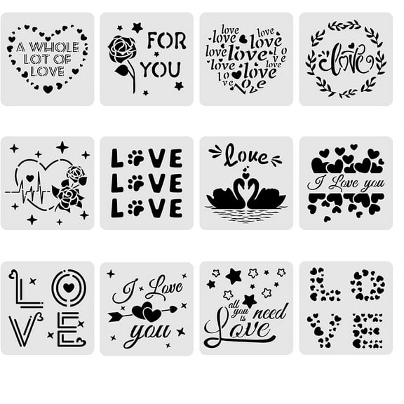 12Pcs Love Letter Stencils Stencil Templates 12x12 Reusable Stencils for Painting on Wall Wood Canvas Paper Fabric Tile Craft White